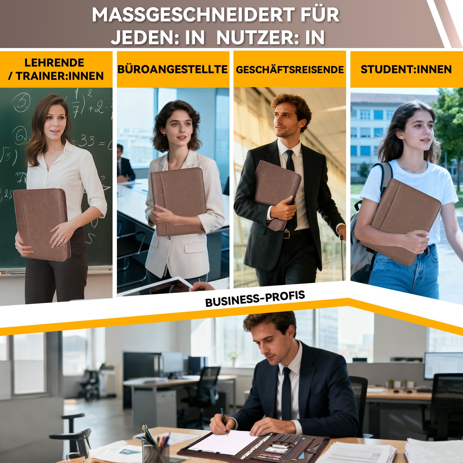 Leathario Schreibmappe A4 mit Reißverschluss, Konferenzmappe 10 Klarsichthüllen, Dokumentenmappe 4 Ringbuch, Ringmappe, Aktenmappe mit Notizblock,Mappe, für Meeting, Business ikl.1 Kugelschreiber