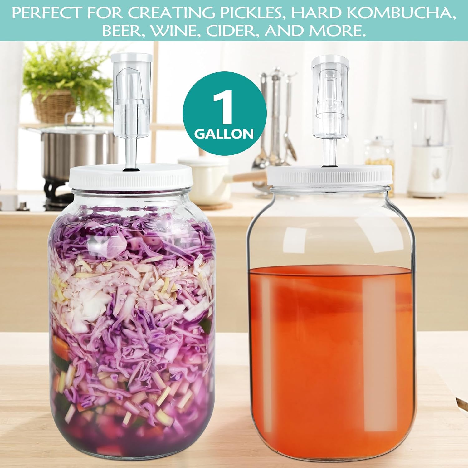 Artcome 2 Pack 1 Gallon Fermentation Jars with Airlocks & Lids - Transform Gallon Jar Into a Fermenter - Perfect for Pickles, Hard Kombucha, Beer, Wine, Cider - Gallon Lid with Econolock Airlock