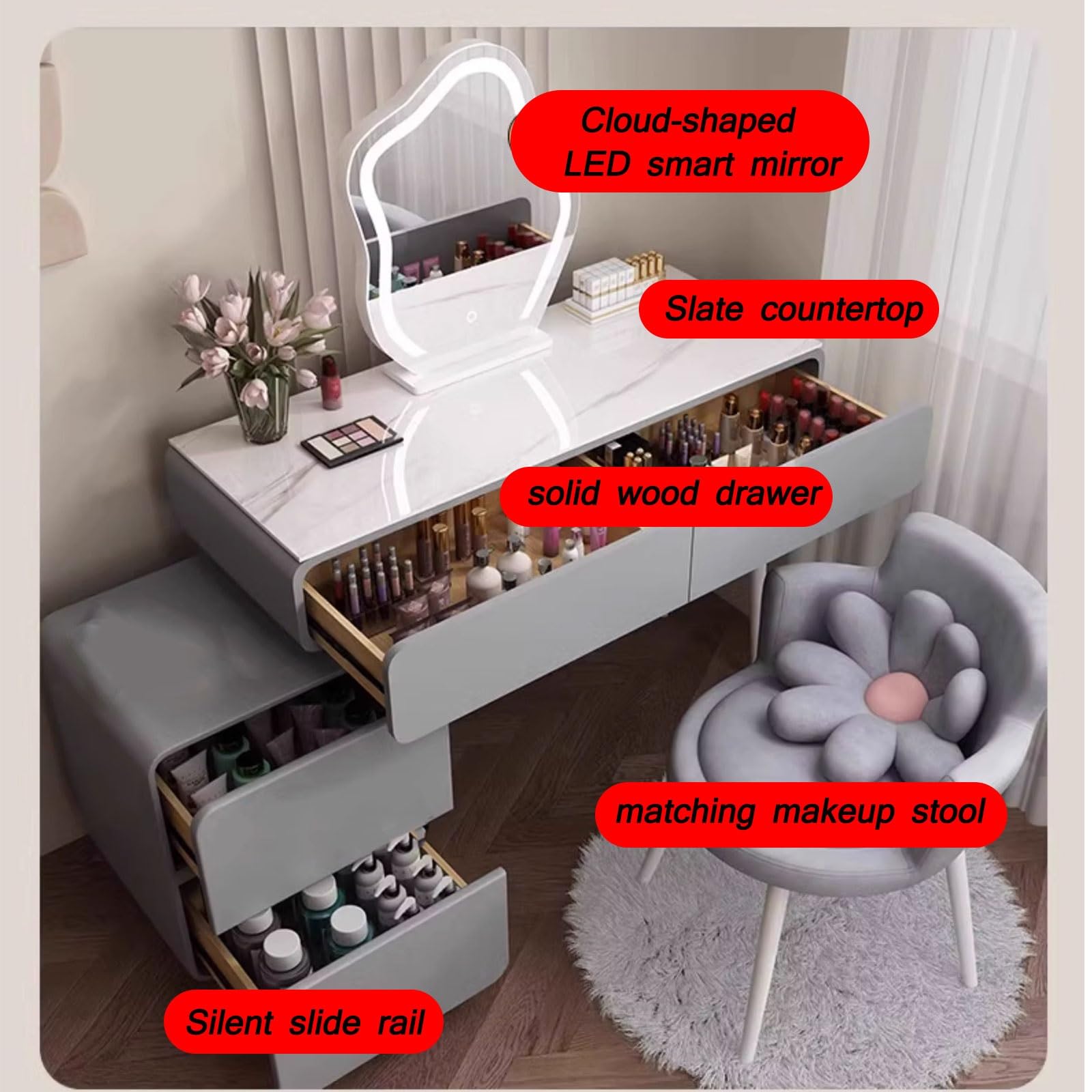 Toeletta da Trucco con Sgabello Tavolo Cosmetici, Liberamente a Scomparsa, Salvaspazio, con Cassetti In Legno Massello e Specchio Per Trucco Smart a Led a Forma di Nuvola ( Color : White , Size : 100C