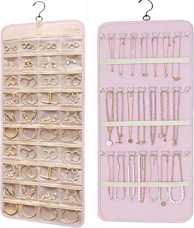 Hanging Jewelry Organizer Storage Roll with Hanger Metal Hooks Double-Sided Jewelry Holder for Earrings, Necklaces, Rings on Closet, Wall, Door,Large 14.17' x 33.07'',pink
