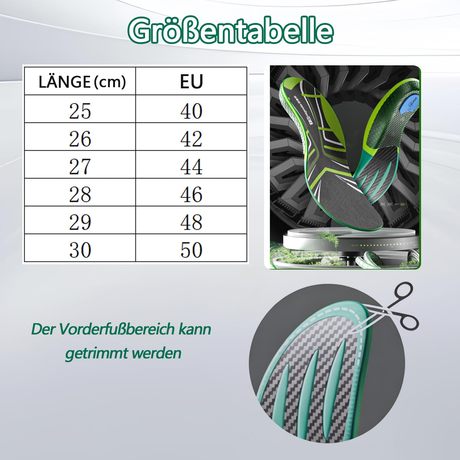 Kohlefaser Einlegesohle für Sportschuhe mit Fußgewölbe Unterstützung, Hohe Dämpfung & Energierückgabe für Herren & Damen, Verletzungsschutz Sporteinlage für Basketball, Laufen，Grün：42 (26cm)