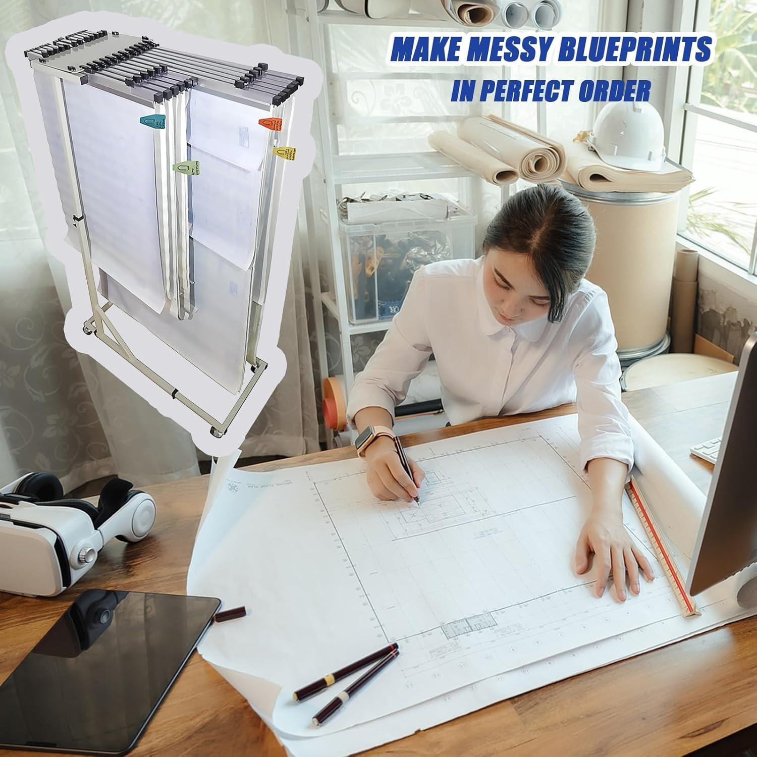 Blueprint Rack di stoccaggio, design regolabile e durevole per organizzare disegni di ingegneria, perfetto per professionisti e studenti