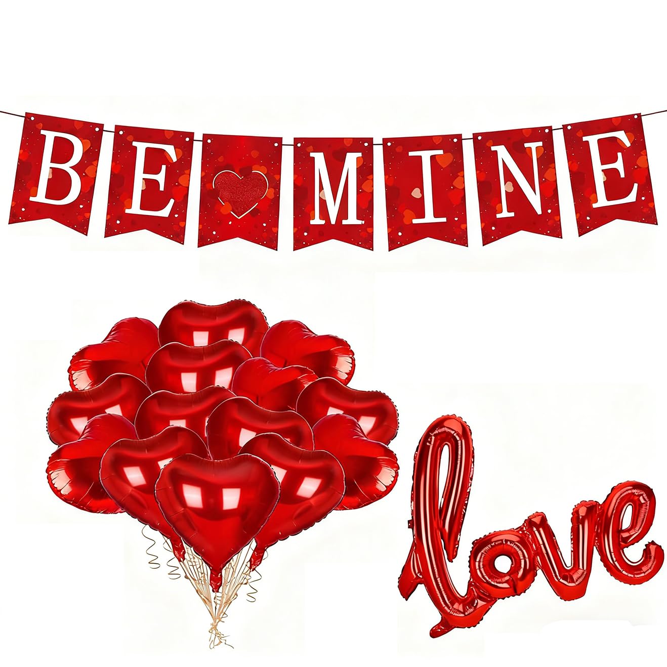 Favritt Valentine's Day Decor Bundle, Be Mine Banner with 43" Love Balloon and 22 Pcs Heart Balloons