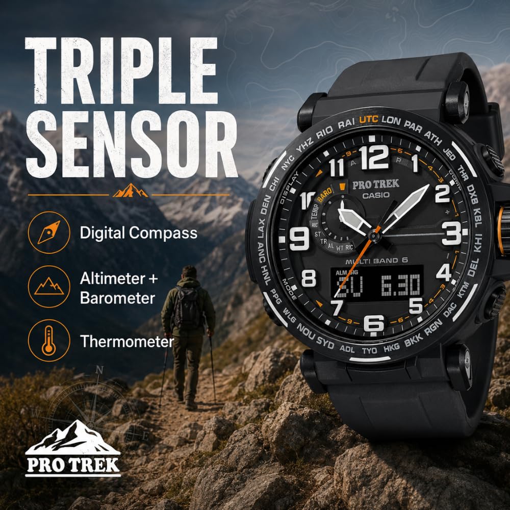 Casio Pro Trek Tough Solar - Orologio da uomo Ana-Digital Triple Sensor Multi-Band 6 Atomic World Time Keeping