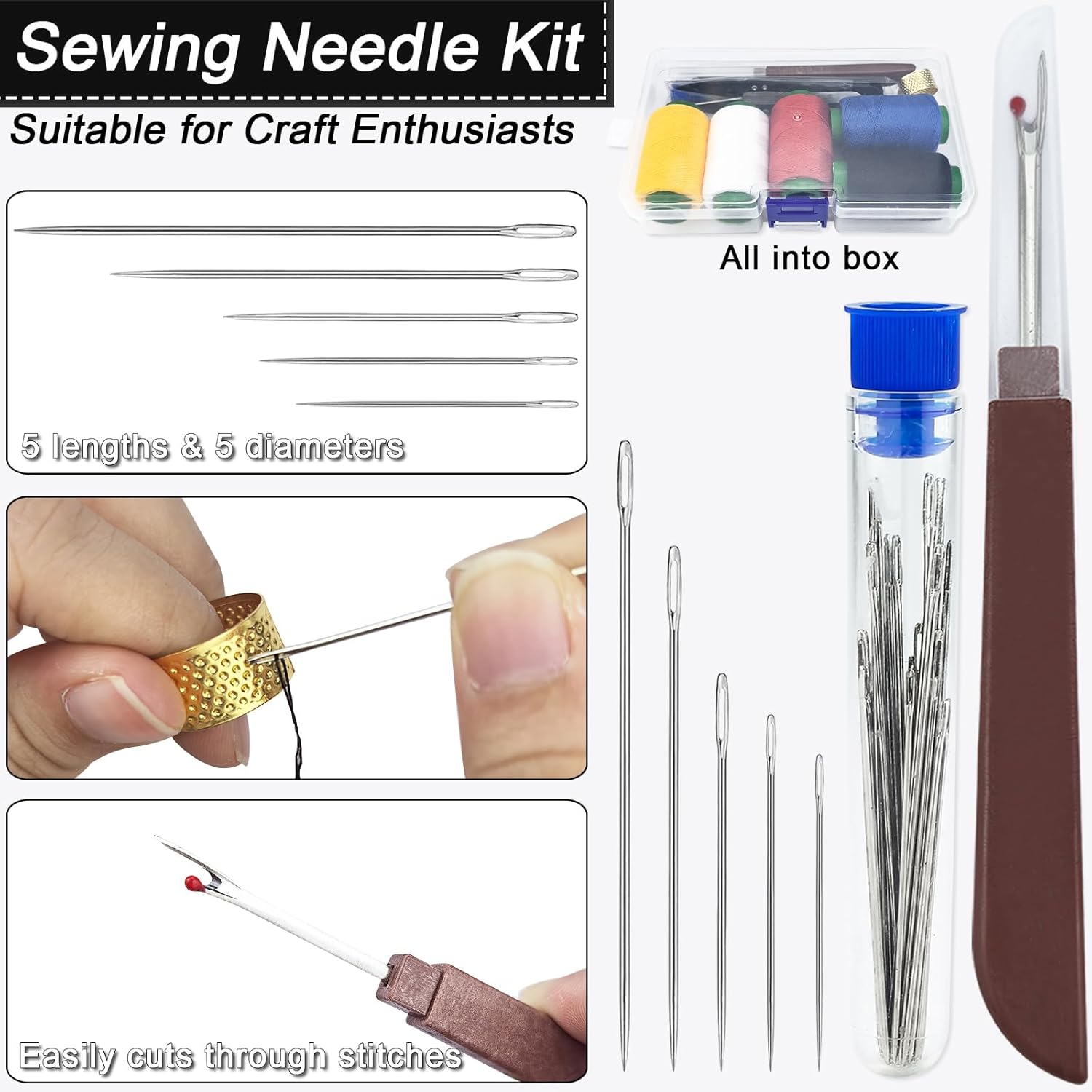 ArtCute Big Eye Steel Sewing Needles Kit 38 Pcs Stainless Steel Sewing Needles Set for Hand-Sewing, Includes Needles, Seam Ripper, Sewing Scissors, Threader, Portable DIY Crafts Kit for Beginners - Image 5