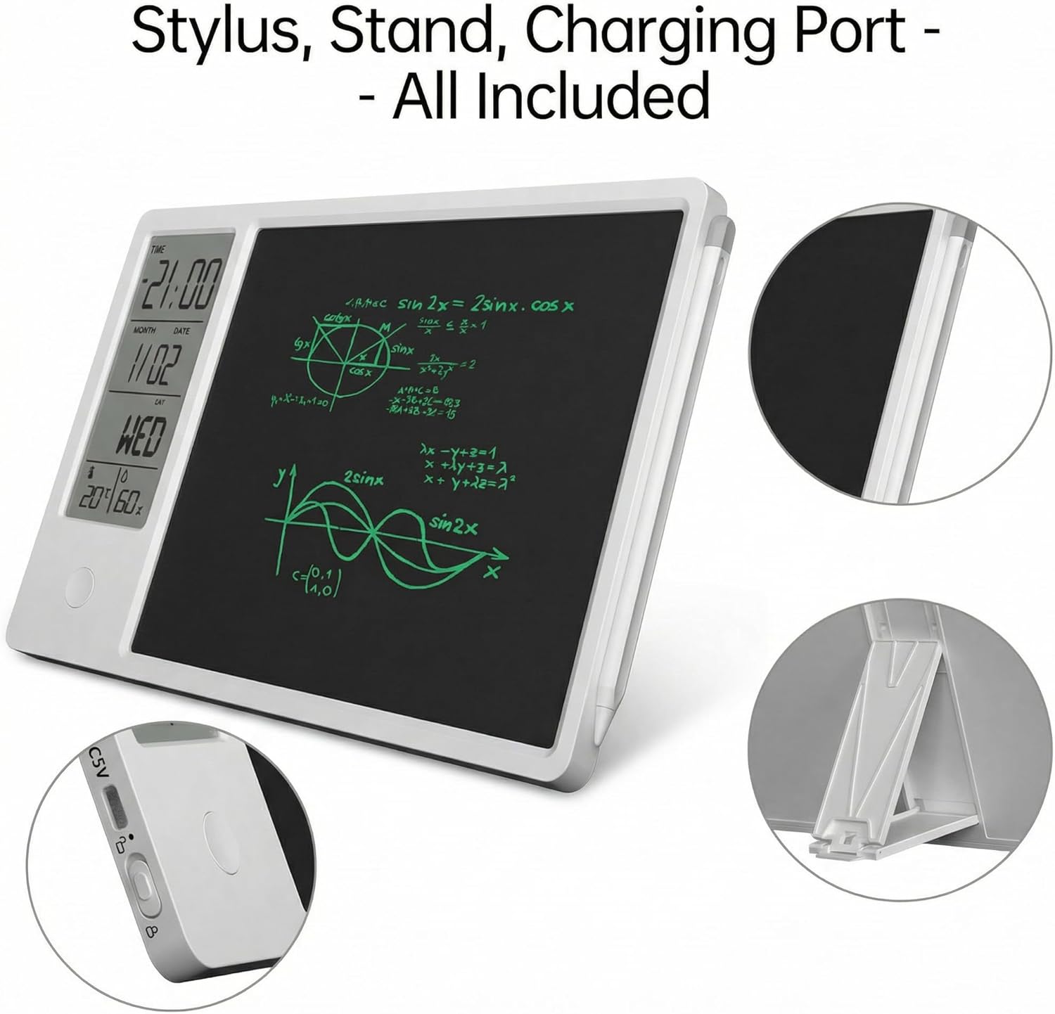 10-Inch Rechargeable LCD Calendar Notepad with Digital Clock Temperature and Humidity Display – Dual-Function Writing Tablet and Desktop Calendar with Stylus – Available in Black and White (White)