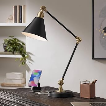 Wray 26 3/4" Tall Desk Lamp USB Brass Black Antique Adjustable Painted | USB Ports A+C Charging Cone Modern Metal Living Room Bedroom House Bedside Nightstand Home Office Reading