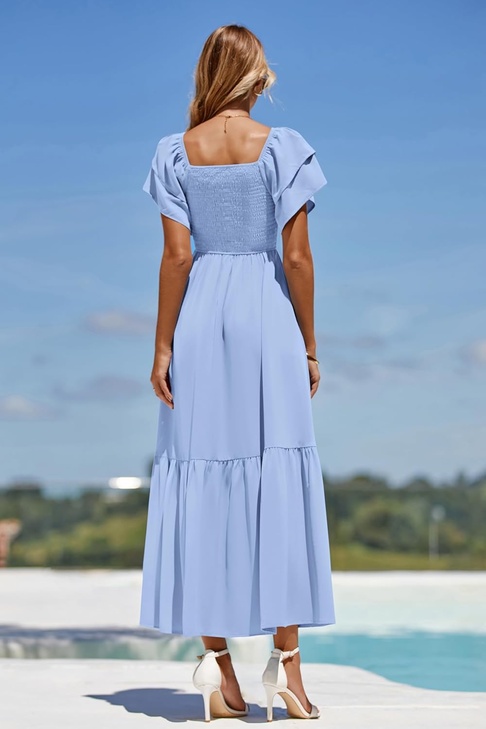 MASCOMODA Womens Summer Casual Midi Dress Square Neck Ruffle Short Sleeve Smocked High Waist A Line Wedding Guest Dresses - Image 7