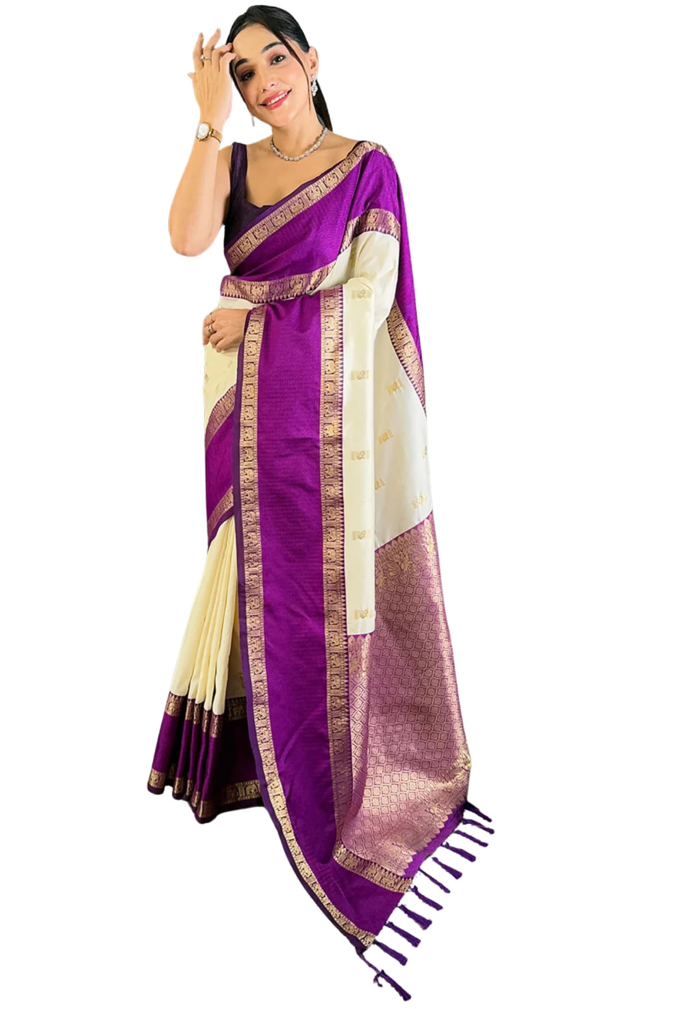 Women's Kanjivaram Pure Soft Silk Saree With Unstiched Blouse Piece (Cream-Purple)-image-25