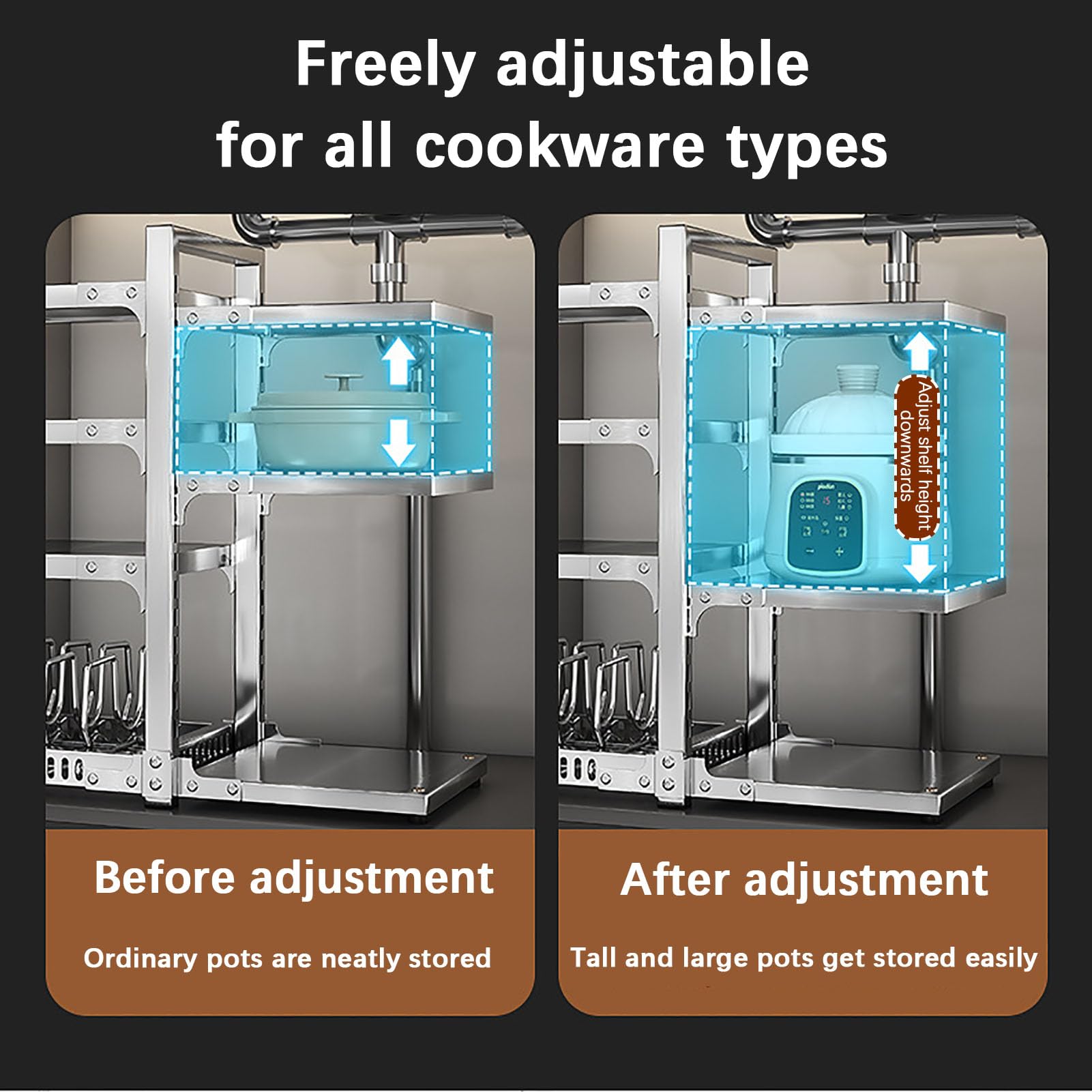 Scaffale Porta Pentole,Organizzatore Regolabile Molti Livelli | Portaoggetti Autoportante con Ripiani Rimovibili,Soluzione Salvaspazio per Mobili Sottolavello,Coperchi e Accessori da Cucina