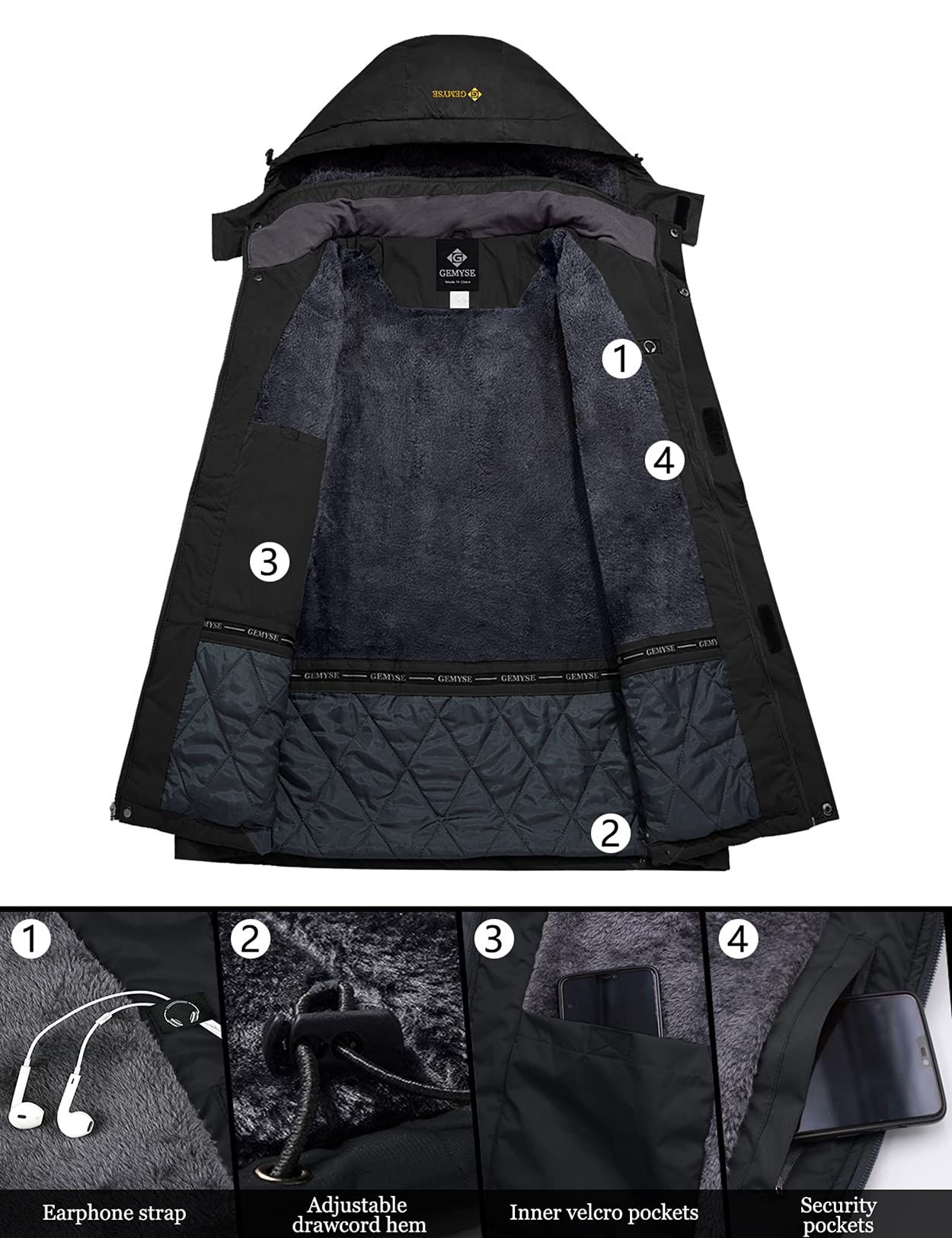 GEMYSE Chaqueta de Esquí Impermeable Hombre Abrigo Invierno Antiviento Capucha