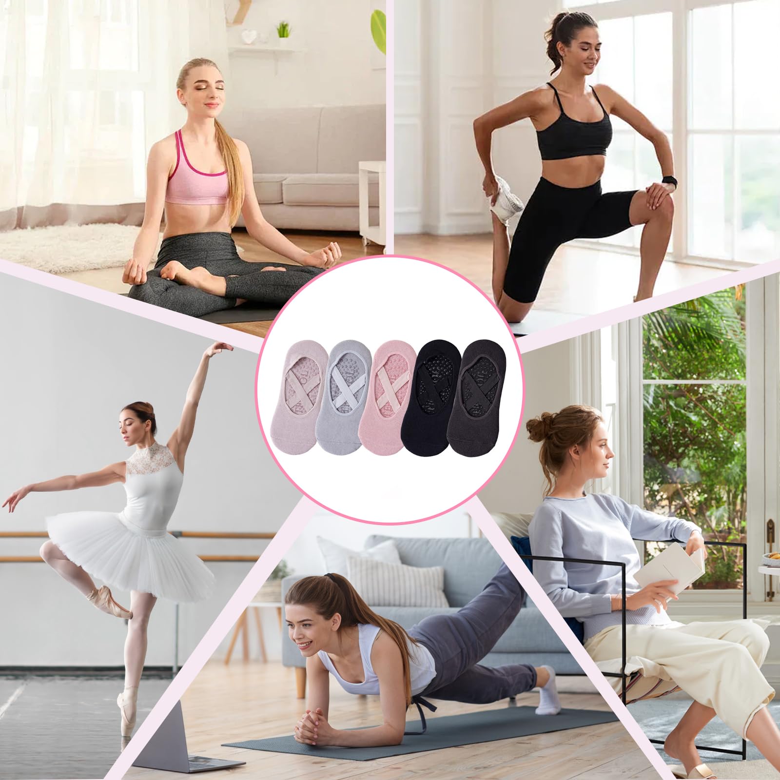5 par skarpet antypoślizgowych dla kobiet, skarpetki do jogi, skarpetki zatrzaskowe dla kobiet, jednolity rozmiar, oddychające antypoślizgowe skarpetki, do jogi, barre, pilatesu, tańca