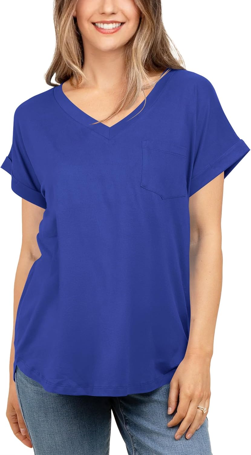 liher Women’s Summer Casual V Neck Solid Color Basic Tees Rolled Up Short Sleeve T Shirt Top
