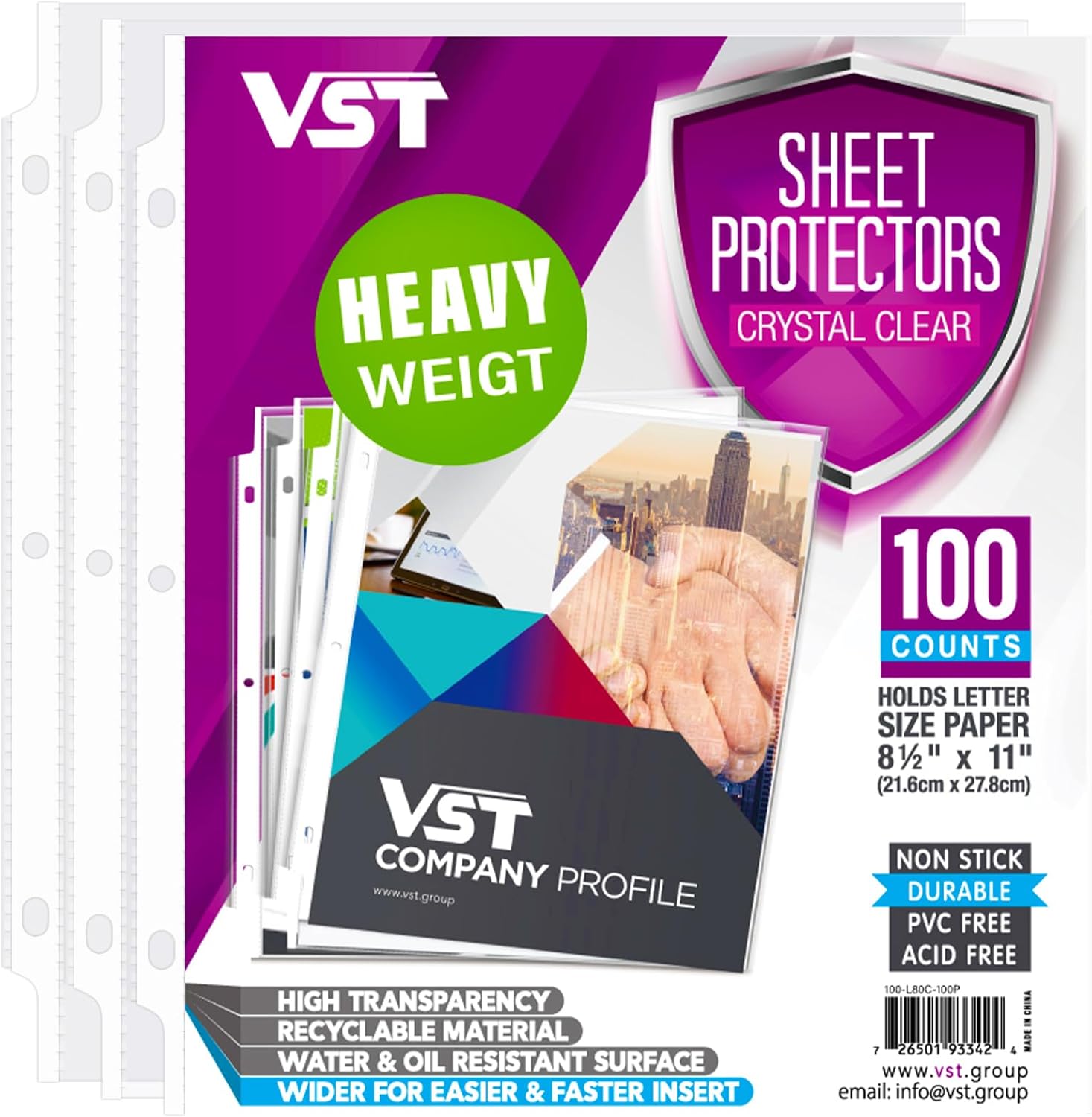 VST Heavy Duty Sheet Protectors 8.5 x 11 Inch for 3 Ring Binder, 3 Mil Crystal Clear Page Protectors, Plastic Sleeves for Binders, Top Loading Paper Protector Letter Size,100 Sheets 100 sheets/Box