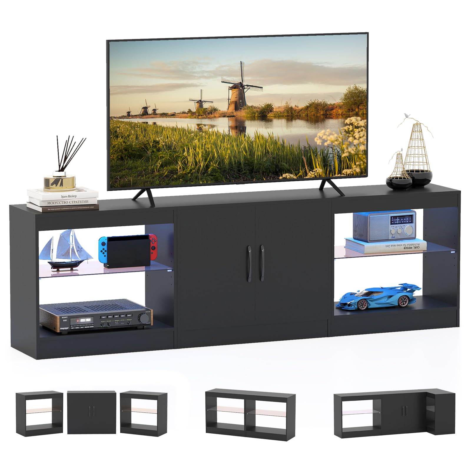 KOMFOTTEU Mobile TV da 85" 3 in 1 con Luci LED, Mobiletto porta Televisori Liberamente Combinabile da 3 Pezzi, con Ripiani in Vetro Regolabili, per Soggiorno, Camera da Letto, 195x30x55cm (Nero)