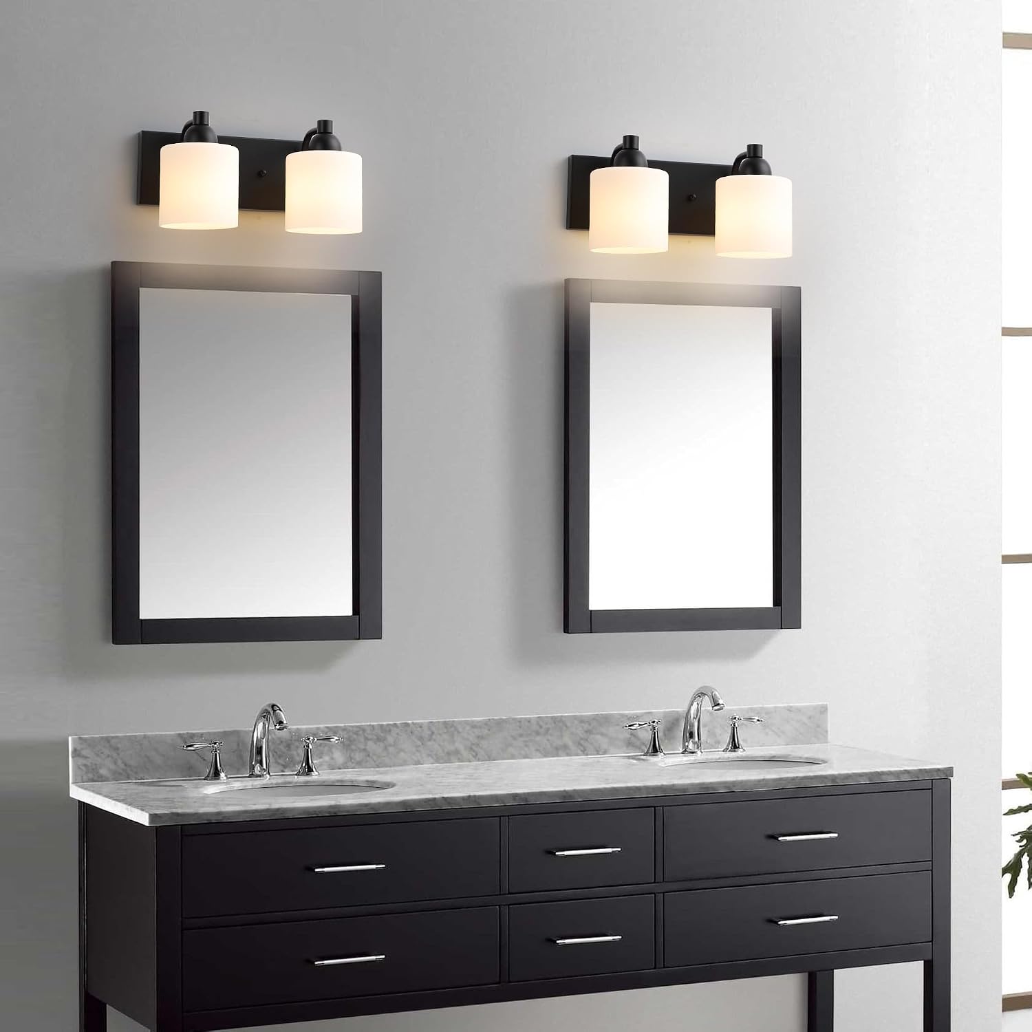 Mecgirn Milk Glass Vanity Lights for Bathroom, 2 Light Matte Black Bathroom Light Fixtures Over Mirror, Ceramic E26 Sockets Wall Mounted