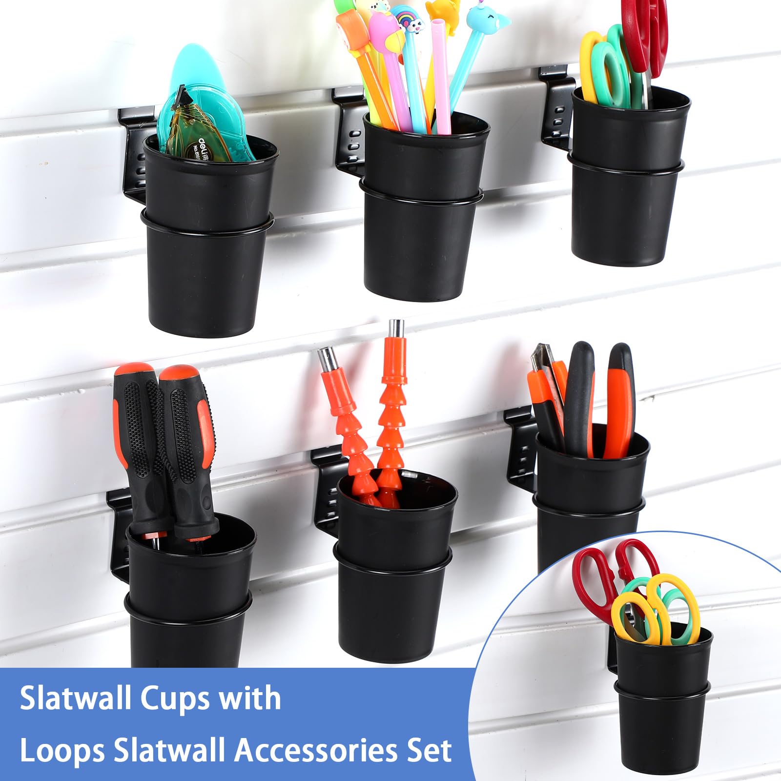 FoldTier 6 Sets Slatwall Cups with Loops Set, Slatwall Accessories Slatwall Hook Tools Storage Arrange System Kit for Organizing Accessories Tools Storage Office Workshop Garage Workbench (Black)