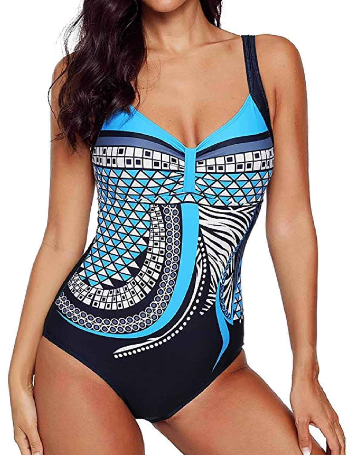 Yuson Girl Femme Elégant Maillot de Bain Vintage 1 Pièce Taille Haute Amincissant Imprimé Dos Nu Bra Push Up Rembourré Monokini Ventre Plat Straps