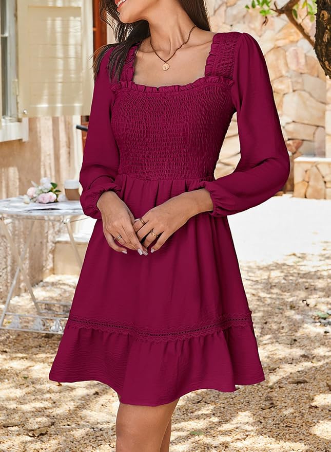 Dokotoo Dresses for Women 2025 Square Neck Long Sleeve Smocked Dress Flowy Tiered Ruffle Lace Beach Dress