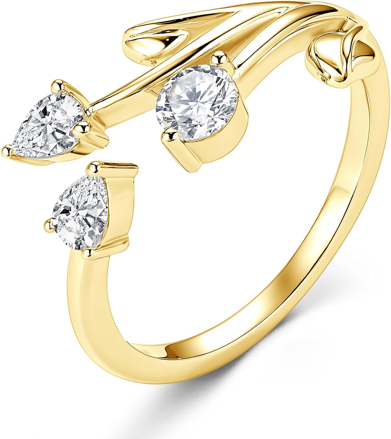 3-Stone Moissanite Flower Open Ring for Women | 4mm D Color Moissanite 14K Gold Plated Stackable Adjustable Ring Gift for Wife Mom Daily Wear Party Anniversary