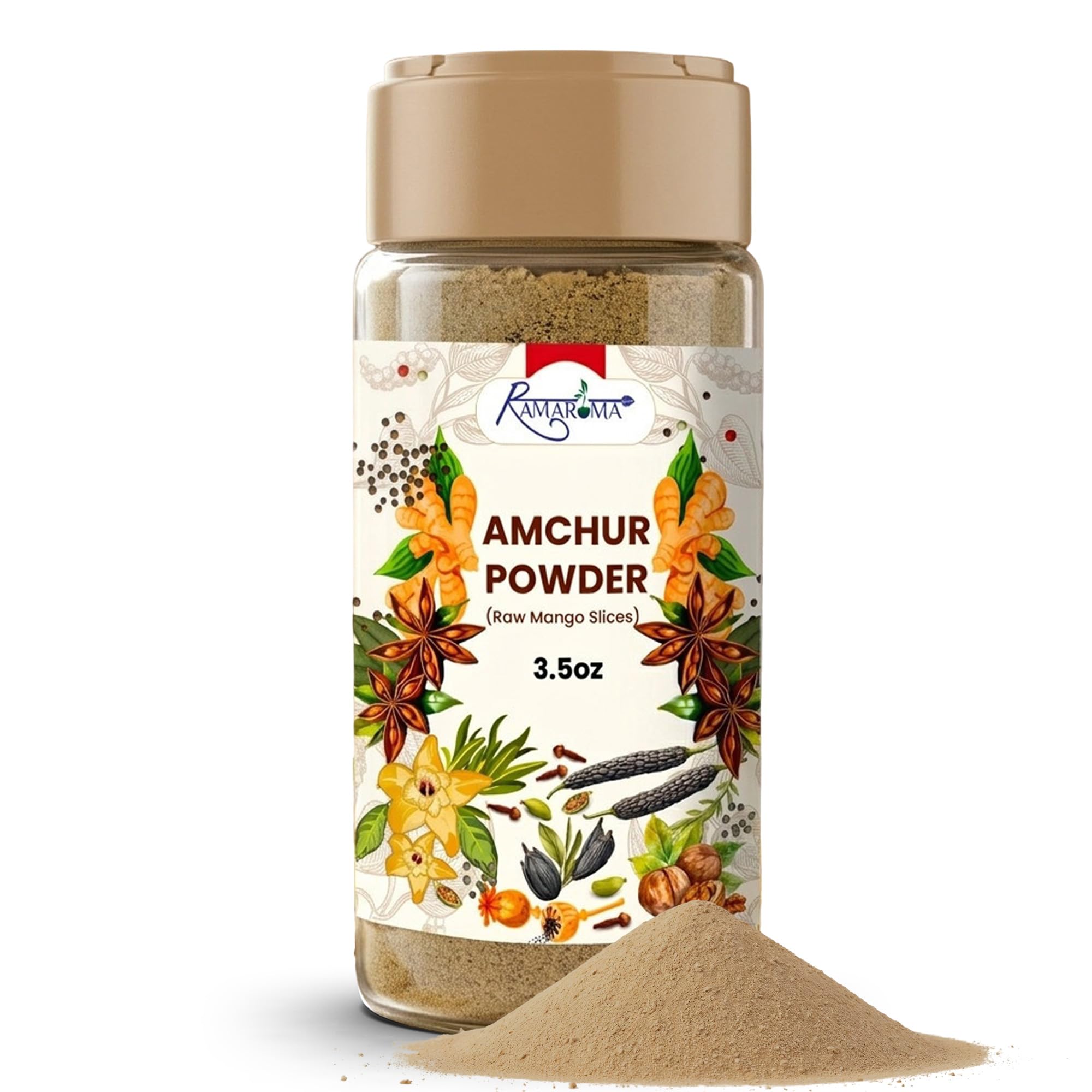 Ramaroma Amchur (Mango) Ground Powder Spice 3.5oz (100g) ~ All Natural, Indian Origin | No Color | Gluten Friendly | Vegan | NON-GMO | No Salt or