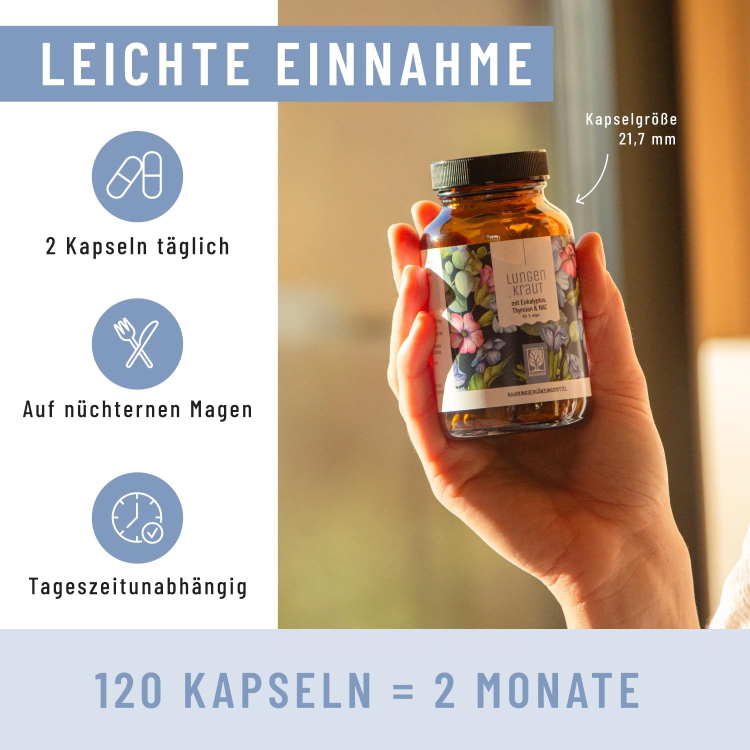 NATURTREU Lungenkraut Kapseln - Extrakt aus 3.000mg Lungenkraut pro Tagesdosis - Hochdosiert und optimal ergänzt mit Thymian, Eukalyptus, NAC & Vitamin B2 - Vegan & Laborgeprüft in Deutschland