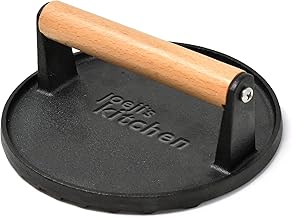 ﻿﻿Joeji's Kitchen Burger Meat Bacon Press - Heavy Duty Cast Iron Non-Stick - Professional Burger Smasher to Sear Perfect Char Marks - Wood Handle - Ideal BBQ Grill Kitchen Accessory