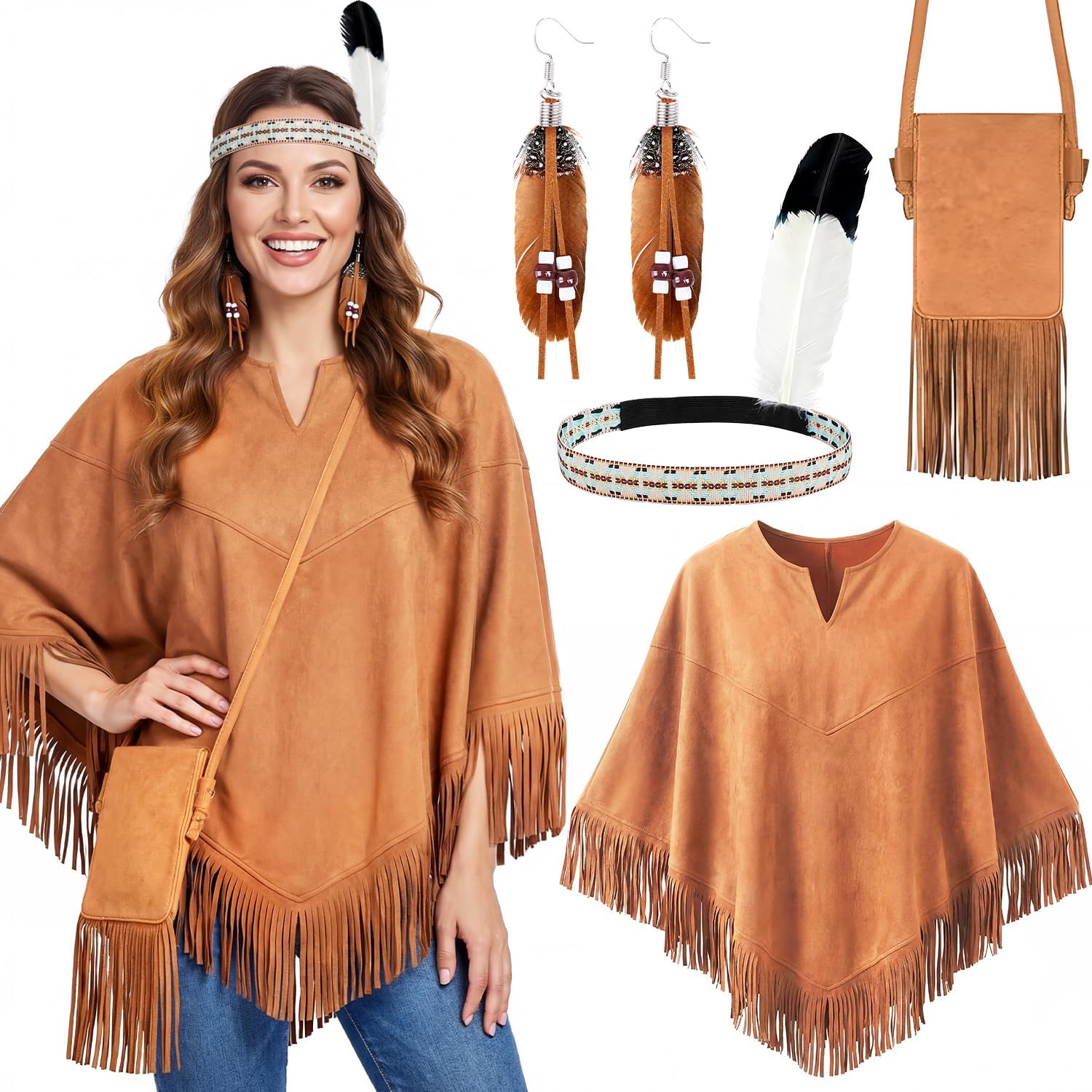 iZoeL Women’s Fringe Poncho Costume Set, Boho Western Outfit Indian Accessories with Feather Headband, Earrings & Tassel Bag, 70s Hippie Fancy Dress Ladies for Halloween Festival Easy Outfit — image 1