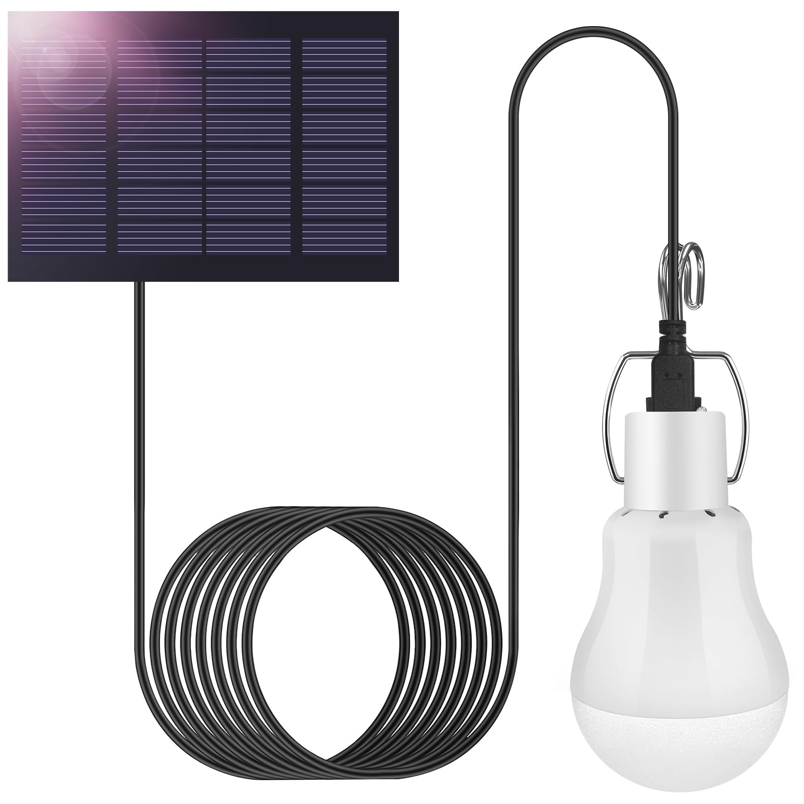 Ampoule solaire LED d'extérieur avec câble de 3,5 m - Lanterne solaire de camping - Lampe suspendue avec panneau solaire - Lampes solaires à suspendre - Ampoule 3 W pour l'extérieur et l'intérieur