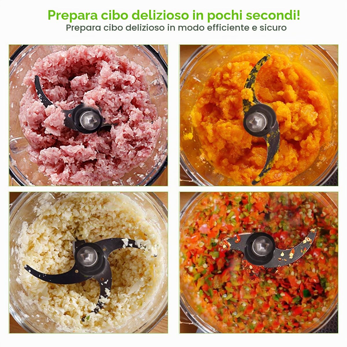 Tritatutto da Cucina Elettrico 400W, Mini Robot da Cucina con Ciotola in Vetro da 1.5L, Frullatore Tritatutto Multifunzione con 4 Lame Affilate per Carne Verdure Frutta, 2 Velocità