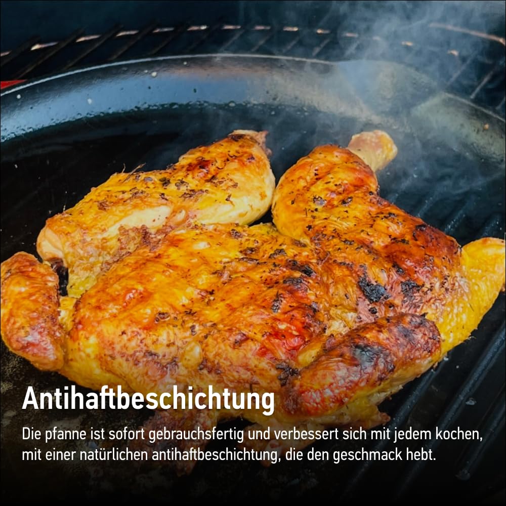 Gusseisen Grillpfanne mit geformten Griffen - Klassisch, Rund Steakpfanne Geeignet für alle Herdarten, Gasherde, Backöfen, Gasgrill - Grill pfanne Ø34cm, Blau
