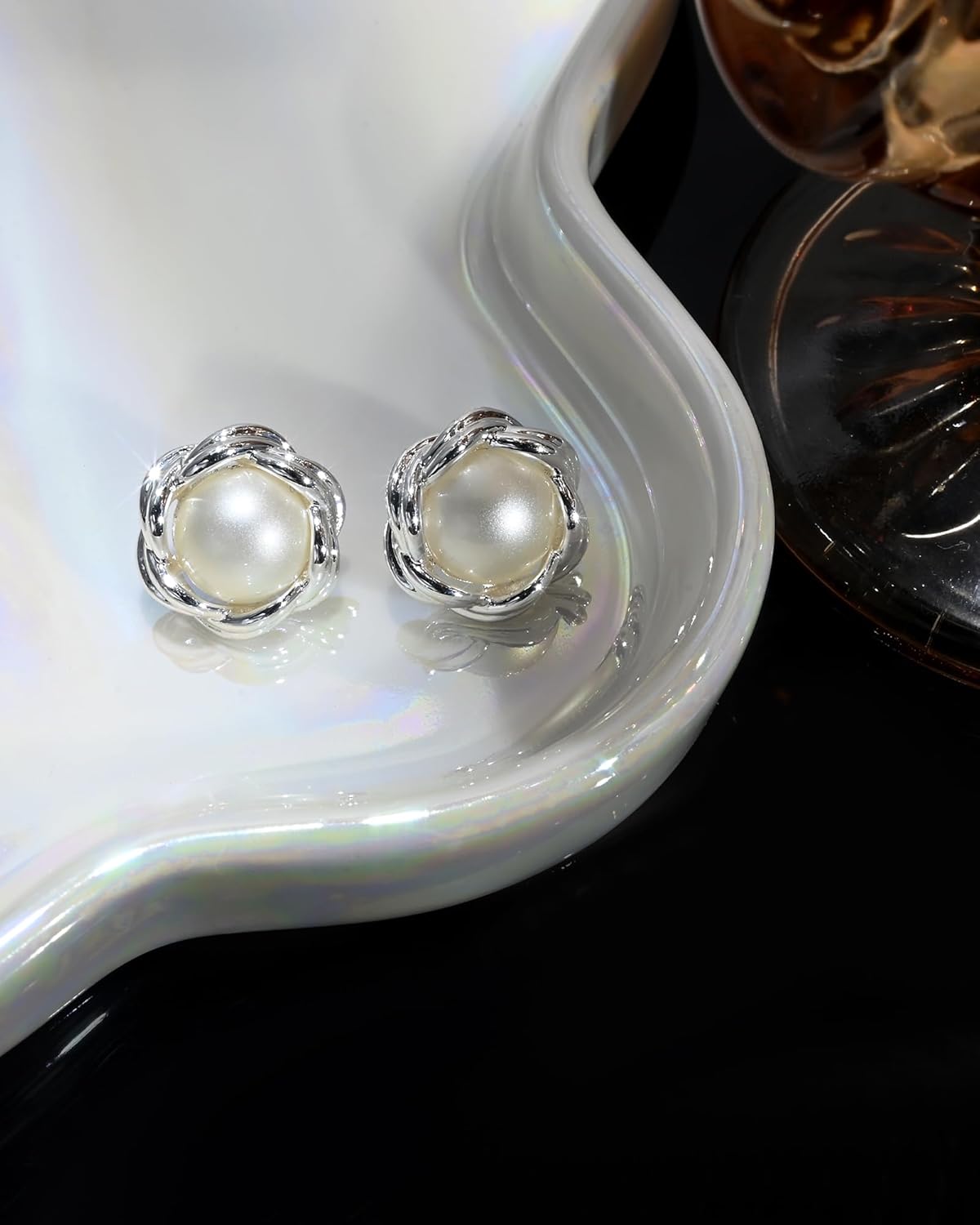 Silver Pearl Stud Earrings for Women button shaped with Vintage Twisted Design Pearl Statement Earrings for Daily or Wedding - Image 6