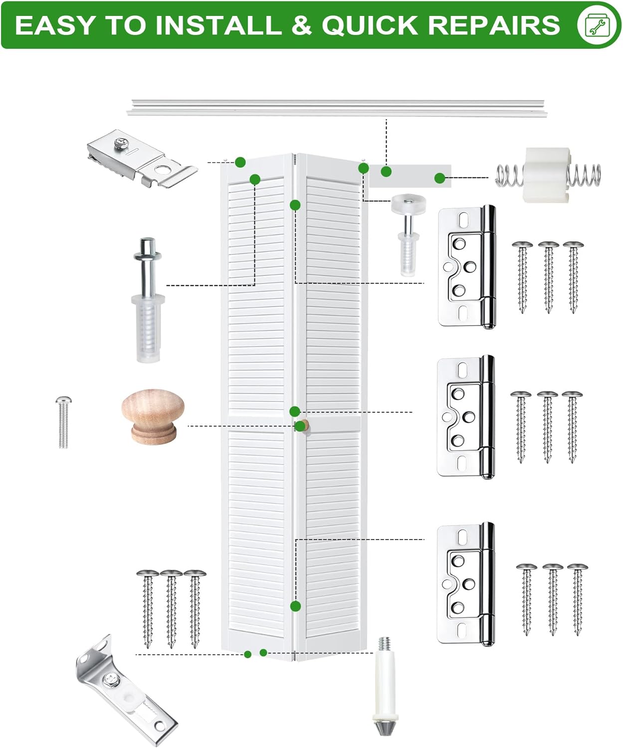 24IN Bi-fold Door Track Kit, 1Kit White Bi-fold Door Hardware kit with Track Closet Door Track Repair Tool Kit Included Full Accessories for Double Door, Folding Door, Accordion Door‼️missing pieces‼️