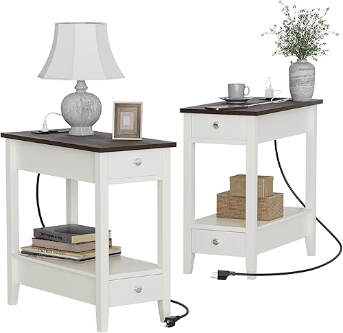 Treocho Juego de 2 mesas auxiliares de granja para sala de estar, mesa auxiliar estrecha con estación de carga, mesa blanca suave para espacios