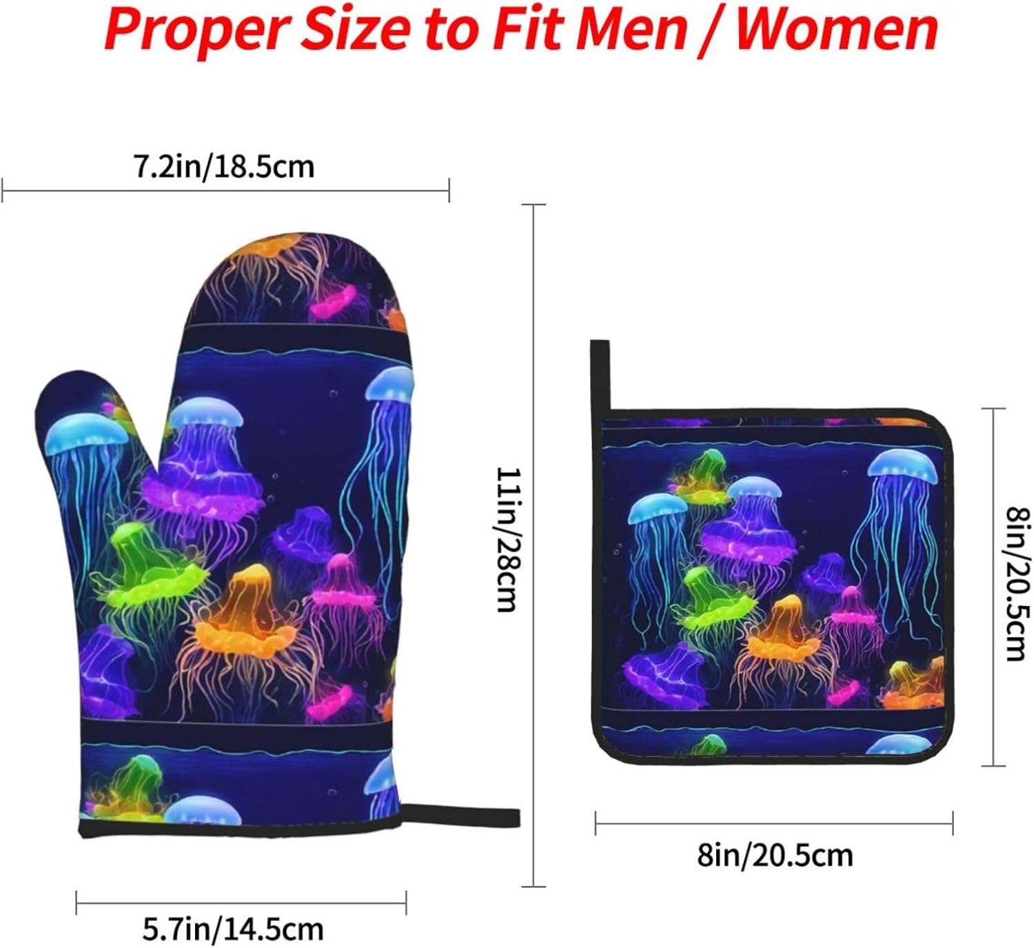 (Colored Jellyfish) Baking 4-Piece Set: 2 Oven Mitts and 2 Pot Holders Heat Resistant Waterproof Hanging Loop for Kitchen Oven Grill Housewarming Gifts