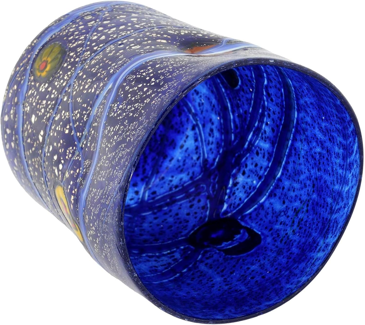 Glass Of Venice Murano Glass Blue Silver Highball Drinking Glass, 16 oz Tumbler for Water, Soft Drinks, Cocktails - Italian Handmade Blue with Multicolor Millefiori Design