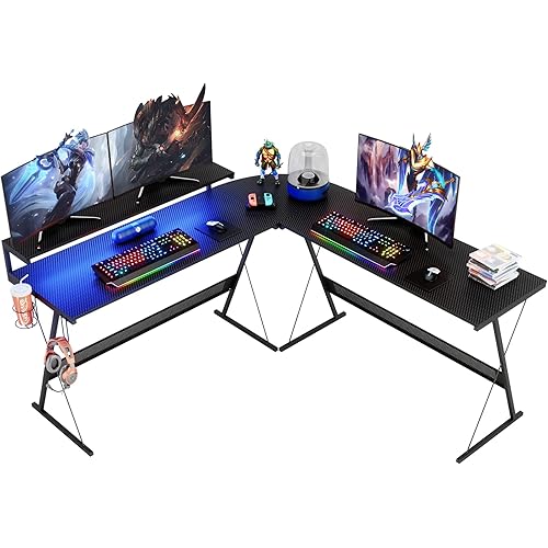 Bestier 65" LED L Shaped Gaming Desk Corner Computer Desk with RGB Lights Gamer Desk with Cup Holder Headset Hook Home Office Desk 22 Lighting Modes, Carbon Fiber Black