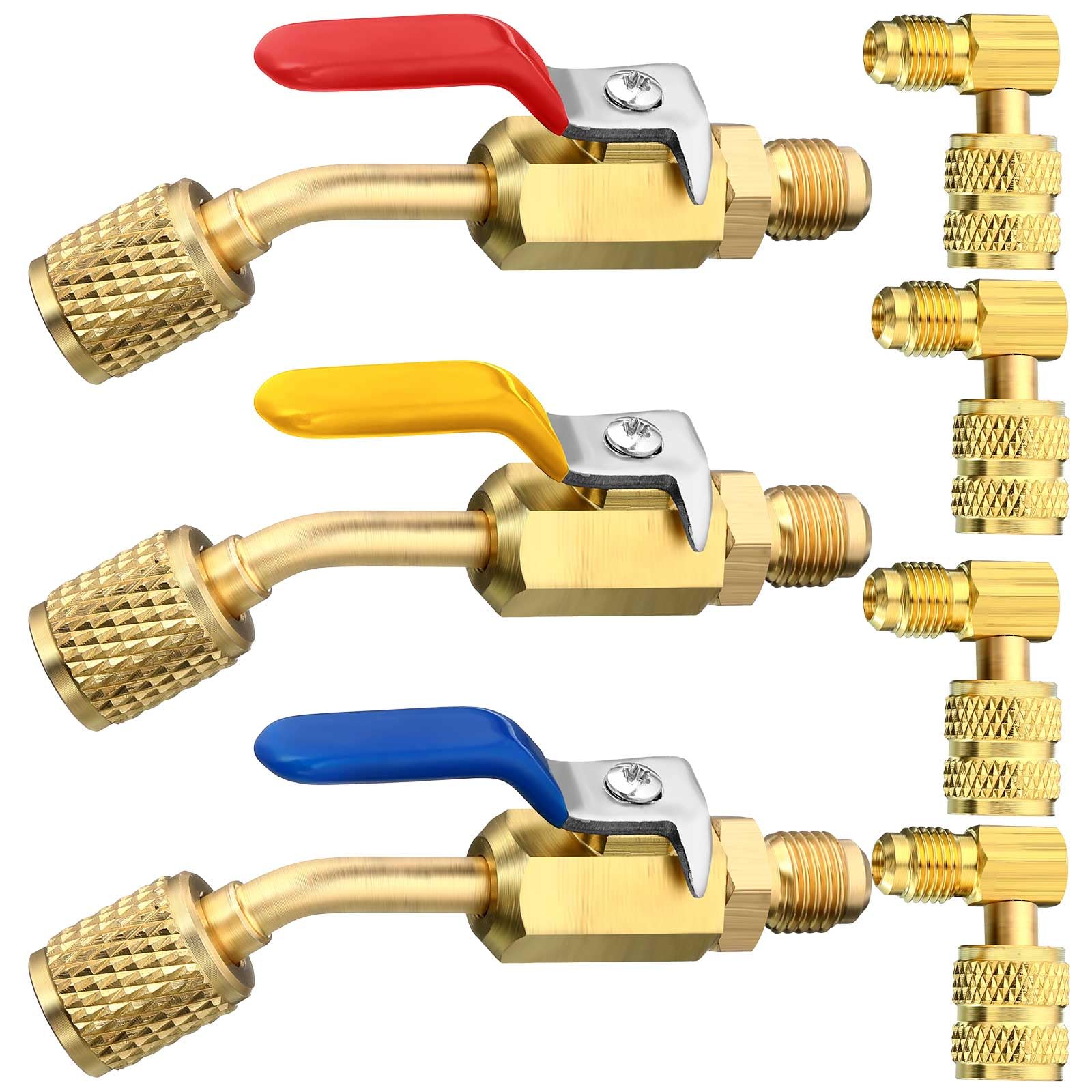 Mudder 7 Pcs Air Conditioning Refrigerant Compact Ball Valve 1/4 Inch for R410A R134A R12 R22 HVAC Adapter 5/16Inch Female to 1/4Inch Male Flare (3 Angle Ball Valve, 4 Right Angle Adapter)