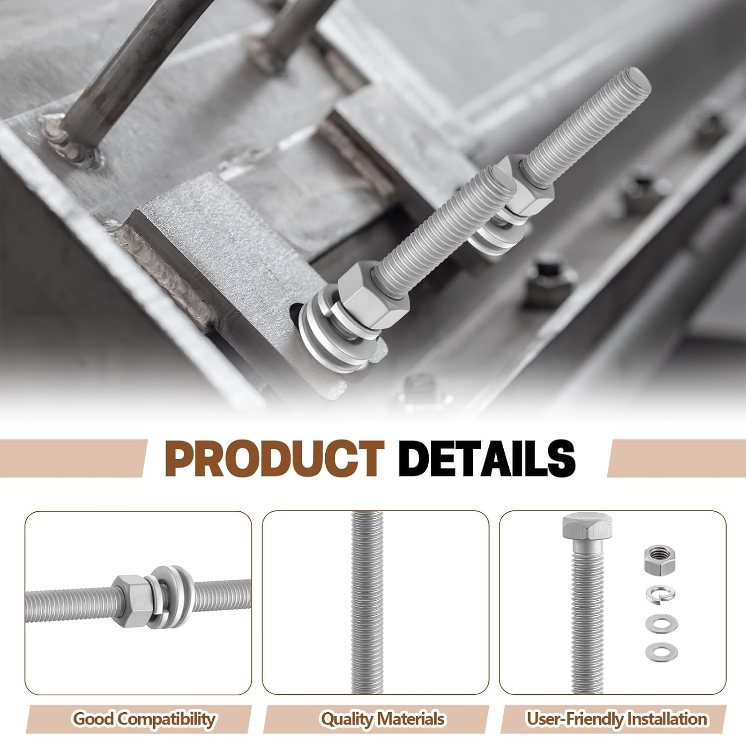 Hicarer 10 Sets 1/2"-13 x 7 Hot Dipped Galvanized Hex Bolt Kit, 4.8 Grade Corrosion Resistant, Full Thread, with 20 Flat Washers, 10 Nuts, 10 Split Lock Washers, for Exterior Outdoor Construction Use