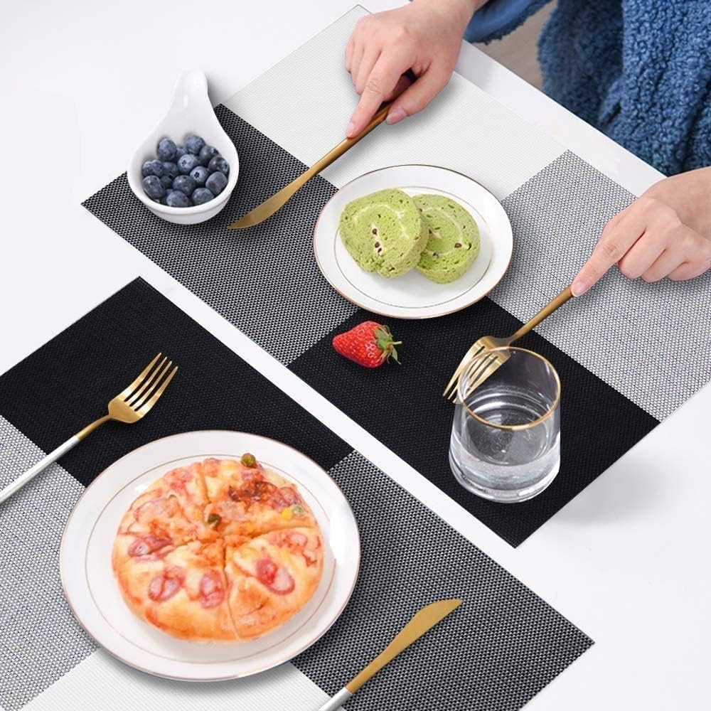 Feinerman 6 Pcs Elegant Washable Dining Table Placemats Set, Non-Slip Heat Resistant Kitchen Mats, PVC Woven Vinyl Place Mats for Dinner Table, Anti-Skid Easy to Clean Table Décor (Black & White) 3
