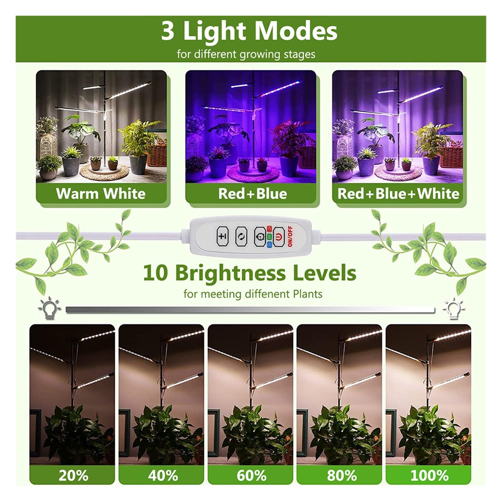 Grow Light, 10W 72 LED Luz de cultivo de plantas Lámpara USB Espectro completo Regulable 3/9 / 12H Temporizador for plántulas Flor Ajustable USB