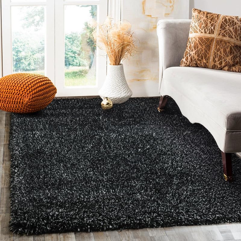 Image of FIASCO Round Shaggy Carpet Plain Fur Rugs Home and Office Sqaure Microfiber 2 Inch Pile Height Back in Canvas Modern Interior Mats 5X5 Feet Black Light Grey Mix
