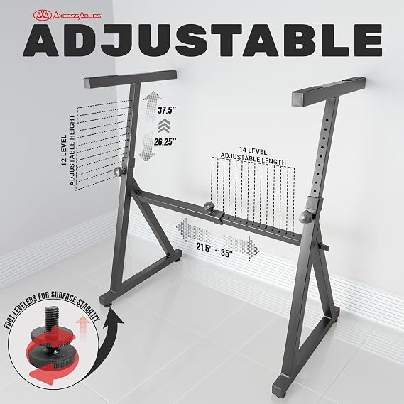 AxcessAbles Adjustable Piano Keyboard Stand and DJ Controller Desk Removable 36x19.4 Steel Tabletop, Height Adjustable Music Workstation for Mixers, Synths, Recording, and Live Performance