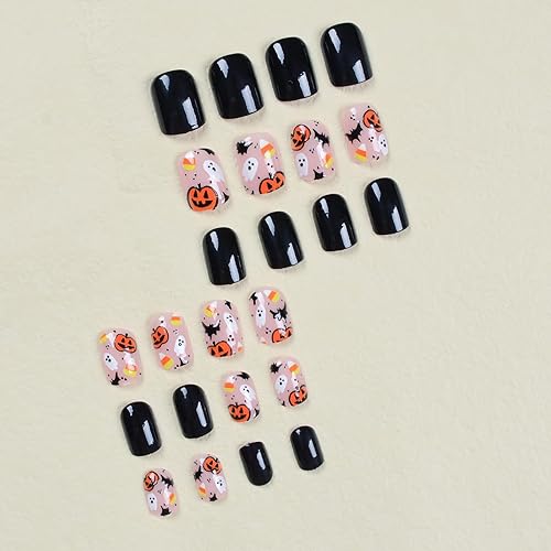 Miniatura 2 de Uñas postizas cuadradas cortas para Halloween, uñas postizas negras con calabazas, fantasmas, murciélagos, diseños de murciélagos, uñas artificiales