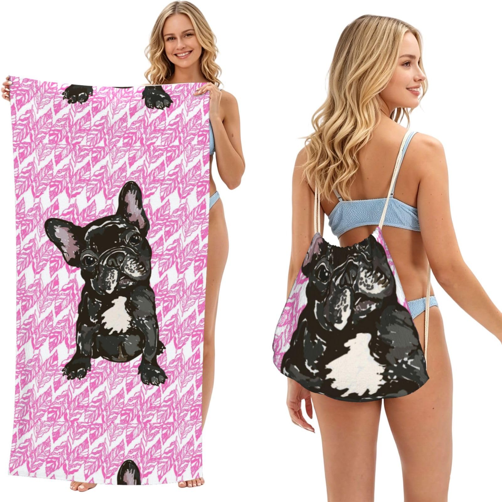 Poadnly As Picture Puppy French Bulldog, 2 In 1 Packable Towel Bag, Beach Towels With Drawstring Backpack For Travel Holiday Camping