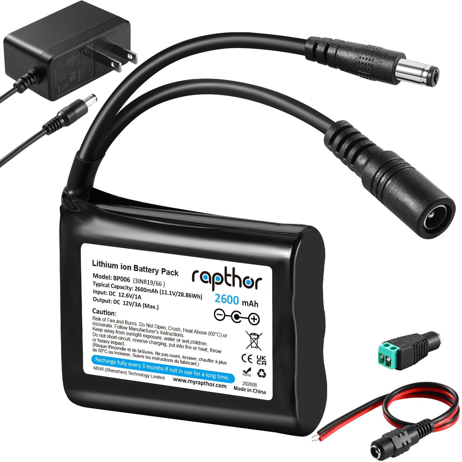 rapthor 12V 2600mAh Rechargeable Li-ion Battery Pack with Charger
