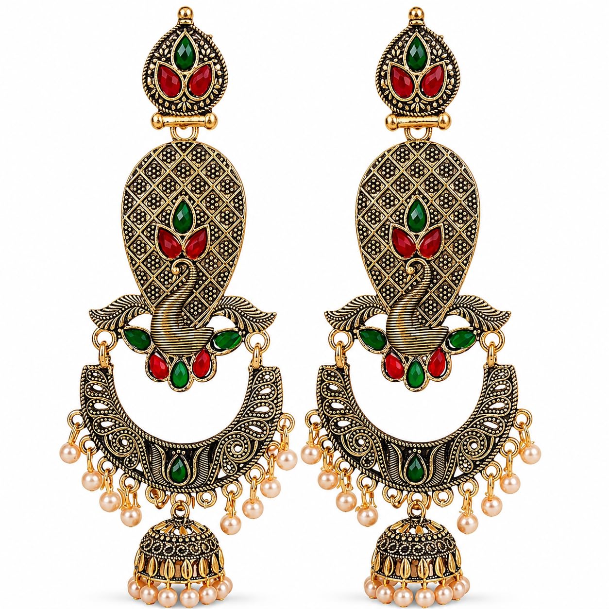 Peacock Jhumka Earrings for Women | Antique Gold Oxidized Chandbali Earrings with Red & Green Stone | Traditional Ethnic Drop Dangle Earrings | Bridal, Wedding, Festive & Party Jewelry-picture-12