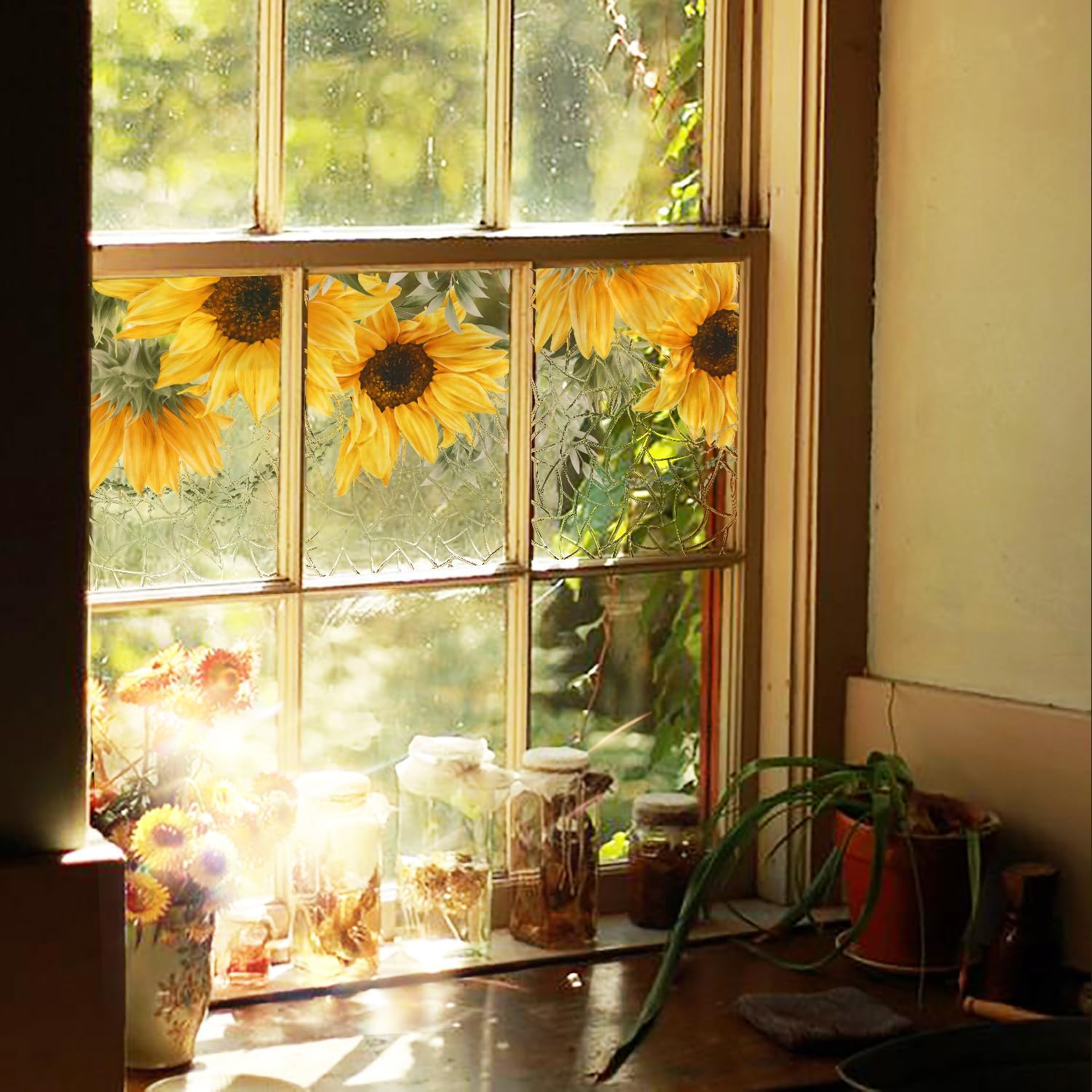 Runtoo Window Privacy Film Rainbow Sunflower Window Clings 3D Decorative Vinyl Stained Glass Floral Decals Static Sticker Non-Adhesive, 15.75 x 47.25 inches