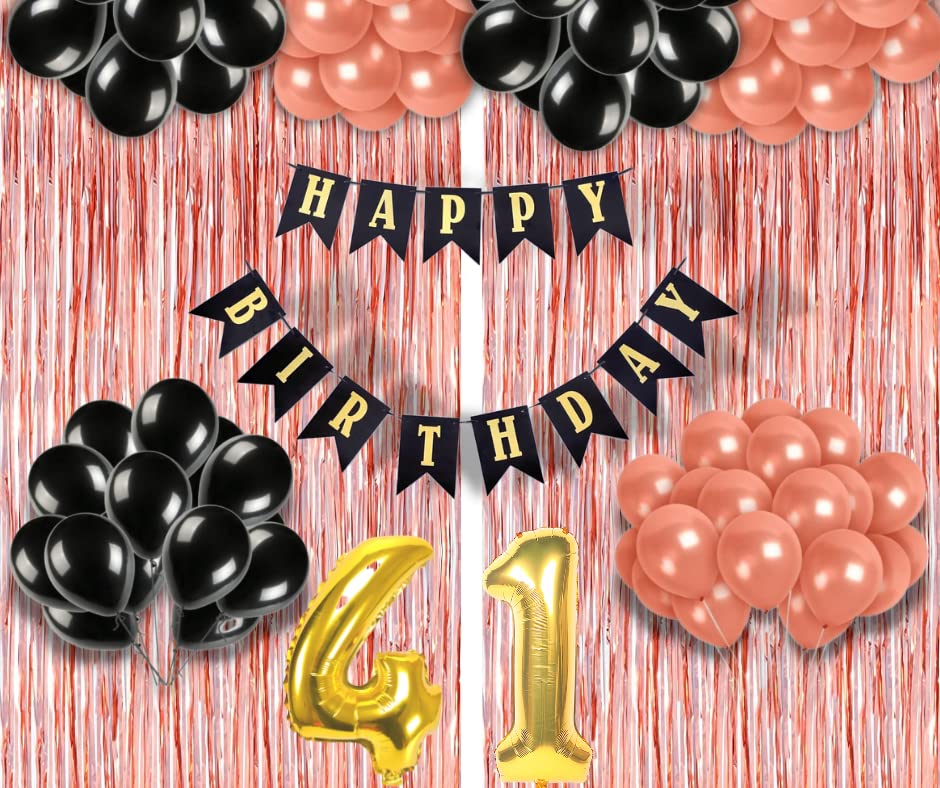 Image of 41st Birthday Decoration items for Girls with Black and Rose Gold Balloons, Black Happy Birthday Banner, Rose Gold Foil Curtain, Foil Balloon number 41