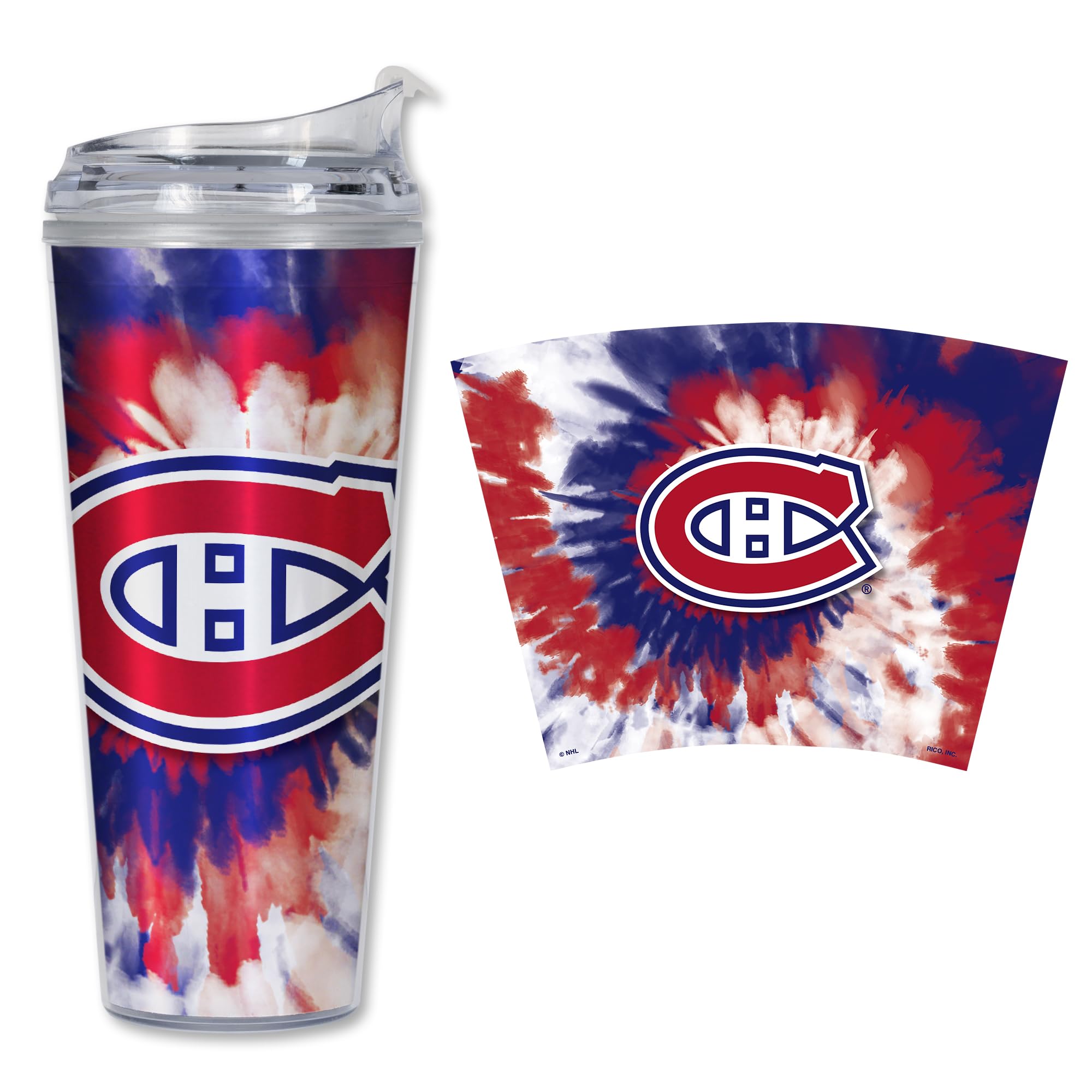 Rico Industries NHL Hockey Team Color Tie Dye 24oz Metallic Acrylic Tumbler with Hinged Lid, Officially Licensed Double Wall Tumbler with Straw